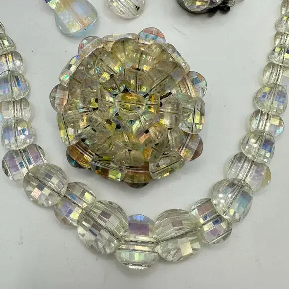 1950s vintage glass aurora borealis AB graduated beaded necklace earrings brooch - Picture 5 of 8